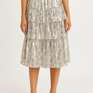 Mable Romantic Floral Tiered Ruffle Midi Skirt with Sheer Overlay Zip Back Large